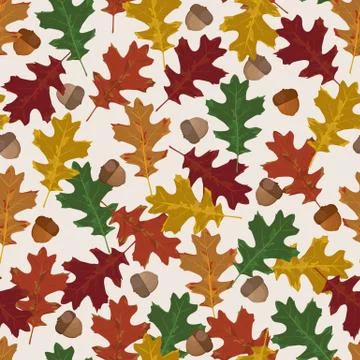 Seamless vector pattern with autumn leaves in seasonal colors. Oak leaf and a 스톡 일러스트