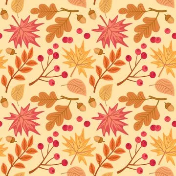 Seamless vector pattern of autumn leaves and berries, decorative fall folia.. Stock Illustration