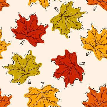 Seamless vector pattern with of autumn maple leaves line art flat style. Fall Stock Illustration