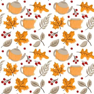 Seamless vector pattern of autumn orange leaves and berries, teapot with knitted Illustrazione stock
