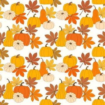 Seamless vector pattern of autumn pumpkins and fall foliage on white background Stock Illustration