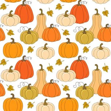 Seamless vector pattern of autumn ripe pumpkins and fall leaves Illustrazione stock