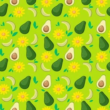 Seamless Vector Pattern with Avocado Halves and Yellow Flowers Illustrazione stock