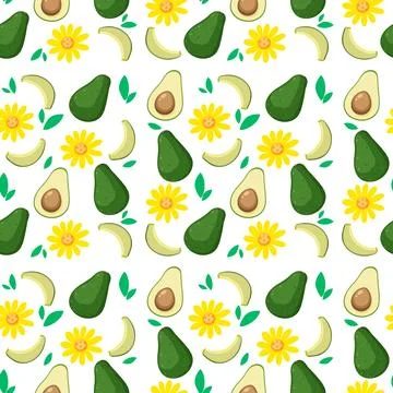 Seamless Vector Pattern with Avocado Halves and Yellow Flowers Stock Illustration