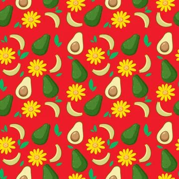 Seamless Vector Pattern with Avocado Halves and Yellow Flowers on Red Stock Illustration