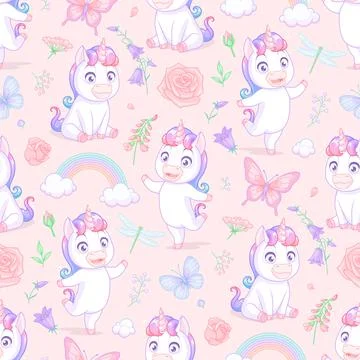 Seamless vector pattern with baby unicorns, rainbows, butterflies and flowers on Stock Illustration