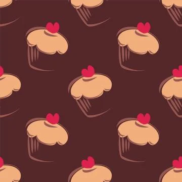Seamless vector pattern background with cupcakes and red heart on top. Stock Illustration