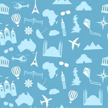 Seamless vector pattern background travel, vacation, famous places Stock Illustration