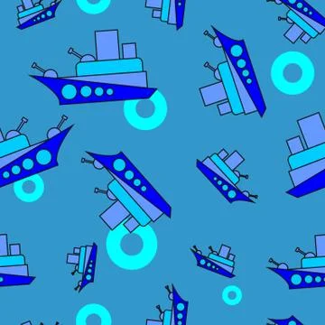 Seamless vector pattern, backgrounds, sea, cartoon Battleship, life buoy Illustrazione stock
