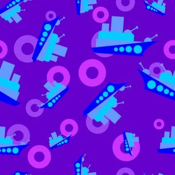 Seamless vector pattern, backgrounds, sea, cartoon Battleship, life buoy Stock Illustration