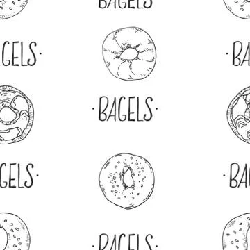 Seamless vector pattern with bagels and lettering Stock Illustration