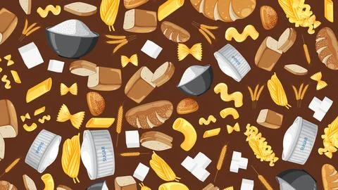 Seamless Vector Pattern of Bakery Ingredients Bread Pasta and Wheat Grains Stock Illustration
