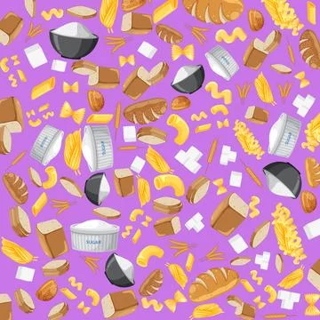 Seamless Vector Pattern of Bakery Ingredients Bread Pasta and Grains Stock Illustration