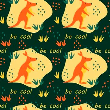 Seamless vector pattern. Be cool text. Cute Kangaroo, plants and doodle eleme Illustrazione stock