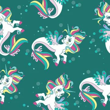 Seamless vector pattern with beauty sea unicorns green Stock Illustration