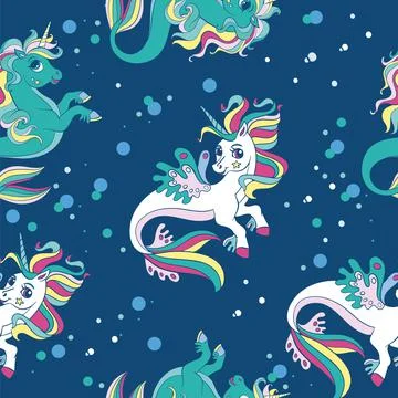 Seamless vector pattern with beauty sea unicorns blue Stock Illustration