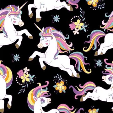 Seamless vector pattern with beauty unicorns black 스톡 일러스트