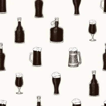 Seamless vector pattern with beer bottle, beer mug, cup, glass Stock Illustration