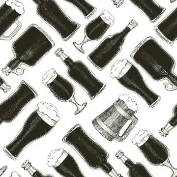 Seamless vector pattern with beer bottle, beer mug, cup, glass Illustrazione stock