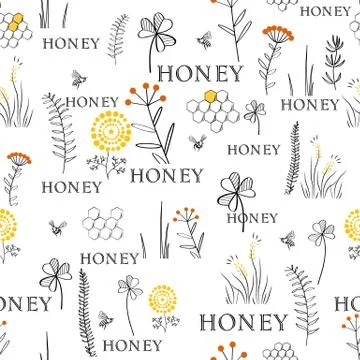Seamless vector pattern with bees and flowers. Hand drawn vintage graphic doo Stock Illustration