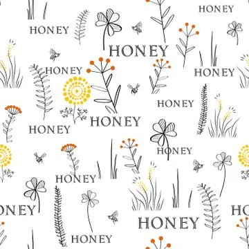 Seamless vector pattern with bees and flowers. Hand drawn vintage graphic doo Stock Illustration