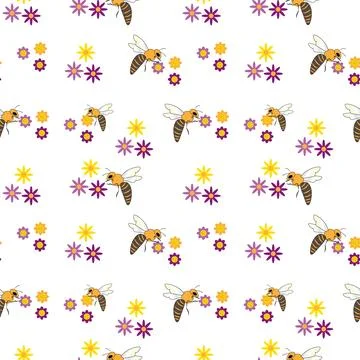 Seamless vector pattern of bees and flowers on white background. Drawing fo.. Stock Illustration