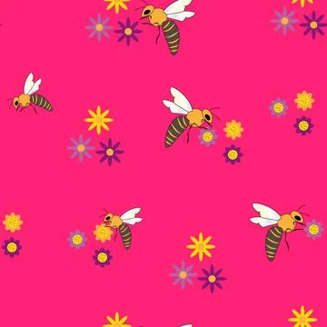 Seamless vector pattern of bees and flowers on red background. Drawing for Illustrazione stock