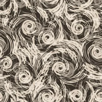 Seamless vector pattern of beige spirals and abstract shapes on a brown Stock Illustration