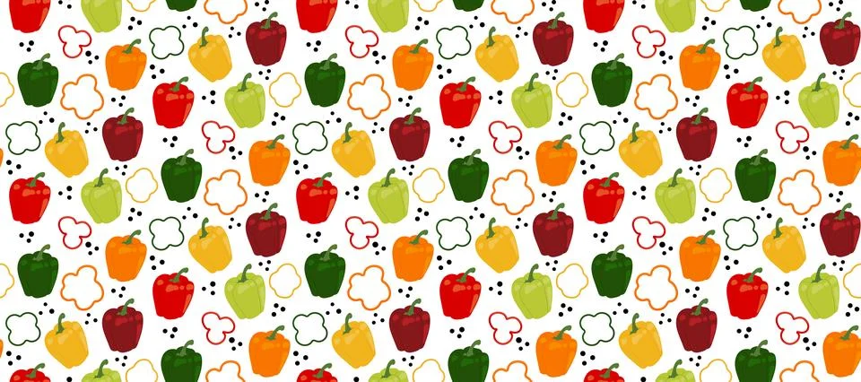 Seamless Vector Pattern with Bell Pepper Slices and Seeds, Flat Food Illust.. Stock Illustration