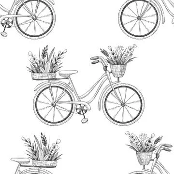 Seamless vector pattern with bicycle, floral basket, herbs, plants,  branches Stock Illustration
