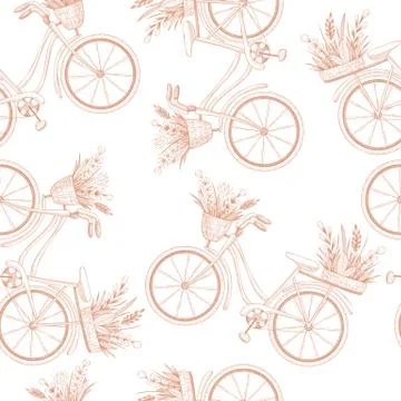 Seamless vector pattern with bicycle, floral basket, plants, herbs, branches, Stock Illustration