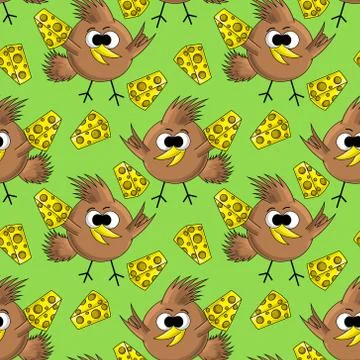 Seamless vector pattern with bird and cheese Stock Illustration