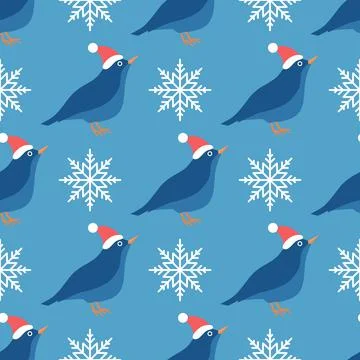 Seamless vector pattern of a Bird in a hat with snowflakes on blue, Christmas Stock Illustration