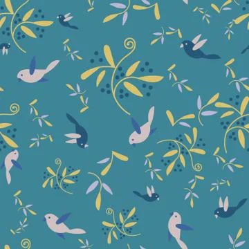 Seamless vector pattern with birds, branches and berries on a blue background Stock Illustration