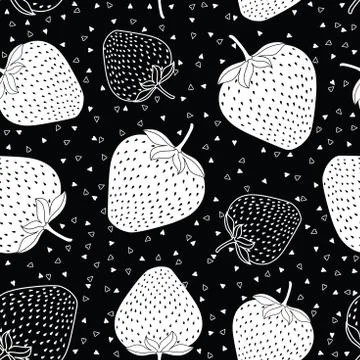 Seamless vector pattern with black and white strawberries and tiny heartson Stock Illustration