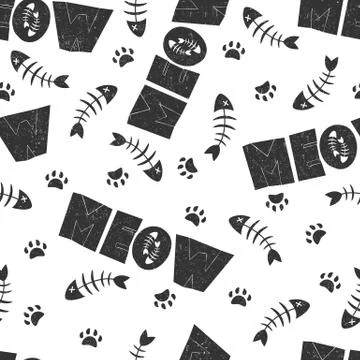 Seamless vector pattern with black and white cat paws, fish bones and letteri Stock Illustration
