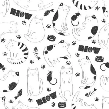 Seamless vector pattern with black and white cute cats, fish bones, cat paws, Stock Illustration