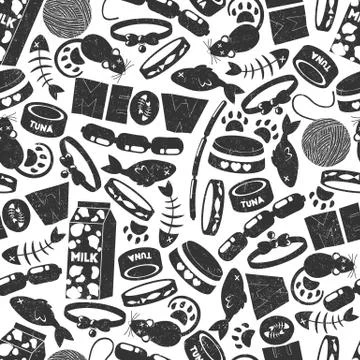 Seamless vector pattern with black and white cat objects bowls, fish bones, t Stock Illustration
