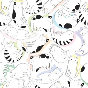 Seamless vector pattern with black and white hand drawn cute cats and colorfu Stock Illustration