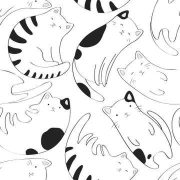Seamless vector pattern with black and white hand drawn cute cats isolated on Stock Illustration