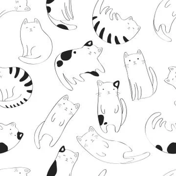 Seamless vector pattern with black and white hand drawn cute cats isolated on Stock Illustration