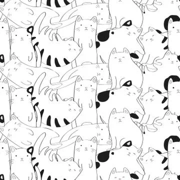 Seamless vector pattern with black and white hand drawn cute cats isolated on Stock Illustration