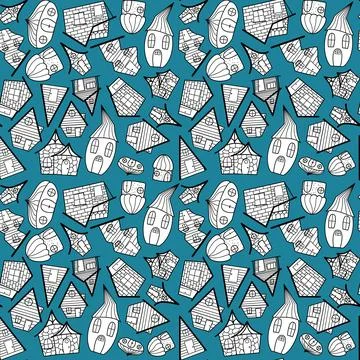 Seamless vector pattern of black and white small houses in the style of a doodle Stock Illustration