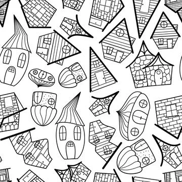 Seamless vector pattern of black and white houses in the doodle style. Stock Illustration