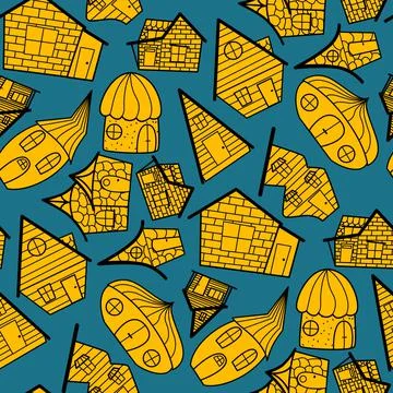 Seamless vector pattern of black and yellow doodle-style houses on a green Stock Illustration