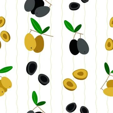 Seamless vector pattern with black and green olives and stripes. Olives on the Stock Illustration