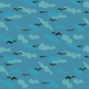 Seamless vector pattern with black birds on blue cloudy background Stock Illustration