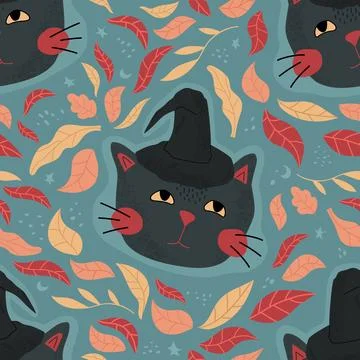 Seamless vector pattern with a black cat in a witch hat and autumn leaves. Co Stock Illustration
