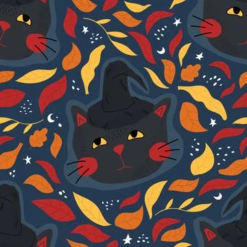 Seamless vector pattern with a black cat in a witch hat and fall leaves. Colo 스톡 일러스트