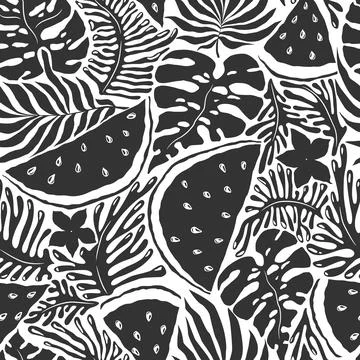 Seamless vector pattern with black hand drawn abstract tropical plants, exo.. Stock Illustration